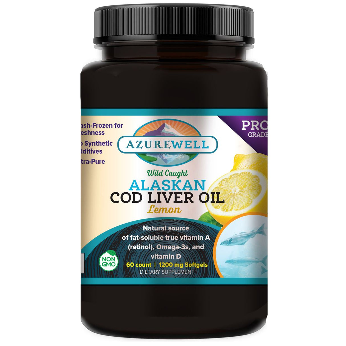 AzureWell Alaskan Cod Liver Oil, Lemon, Softgels, 1,200 mg (60 Soft Gels)