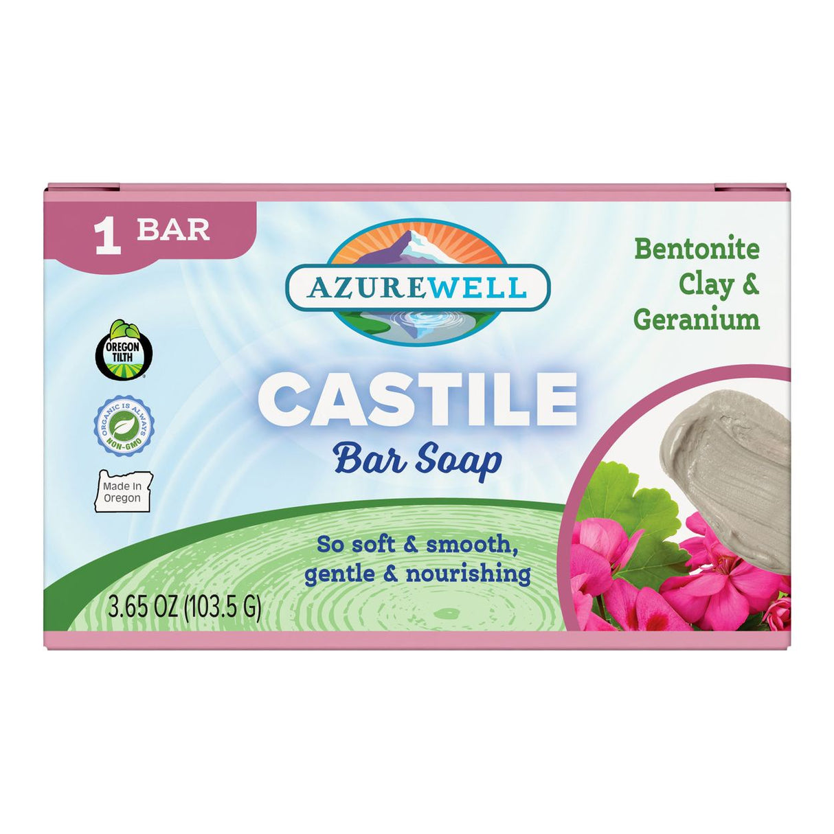 AzureWell Castile Bar Soap, Clay & Geranium (with Bentonite Clay), Organic-1 bar