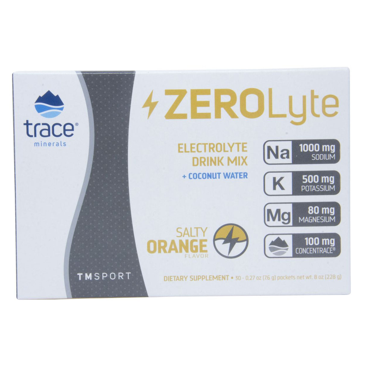 Trace Minerals ZeroLyte, Salty Orange, Electrolyte drink mix + coconut water-30ct