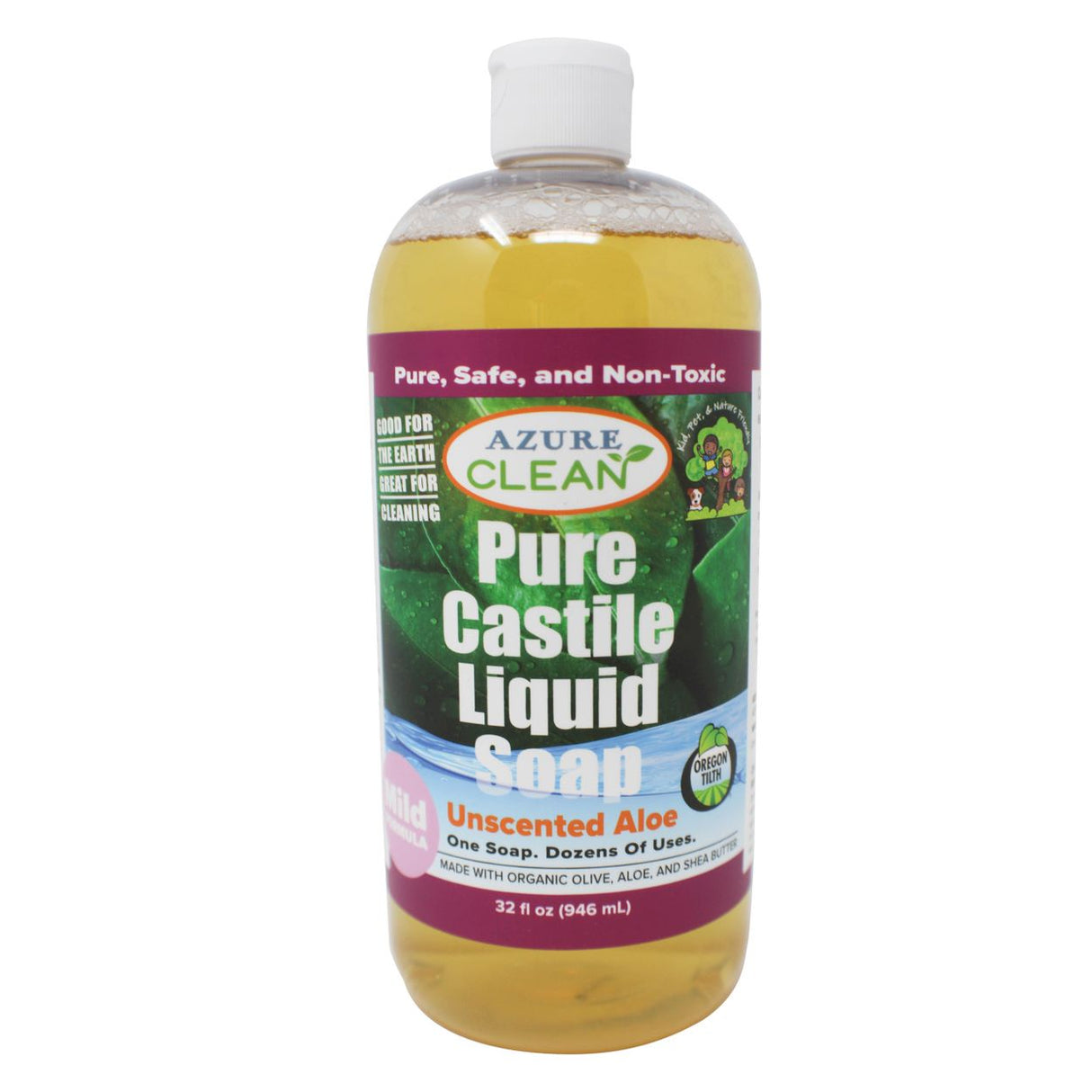 Azure Clean Castile Liquid Soap, Pure, Unscented Aloe Mild, Organic-32floz