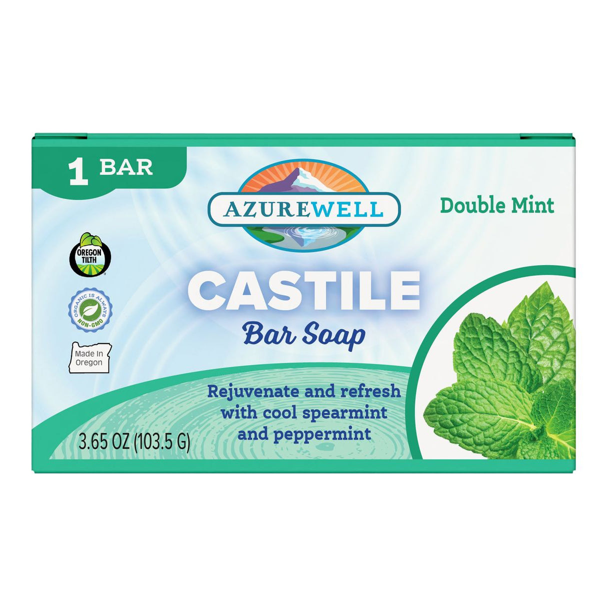 AzureWell Castile Bar Soap, Double Mint (Spearmint & Peppermint with Oatmeal), Organic 1 bar