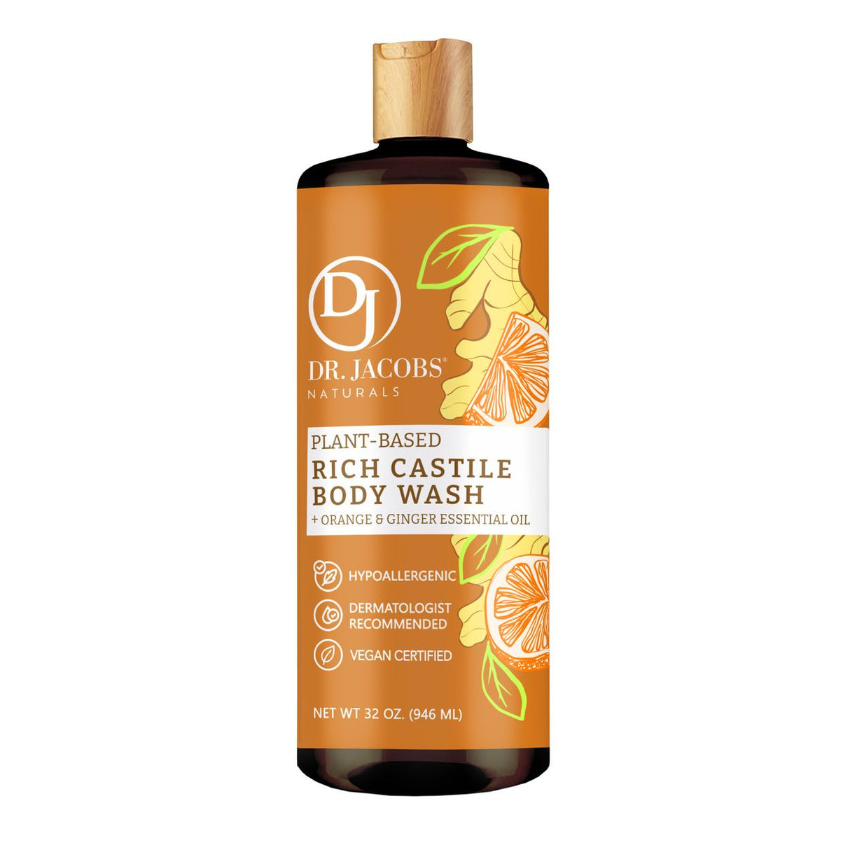 Dr. Jacobs Naturals Castile Body Wash, Plant-Based, Orange & Ginger-32oz